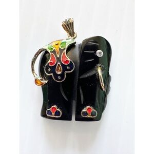 Vintage Onyx Enamel Elephant Pendant Black Gold Tone Rhinestone Eye Unique